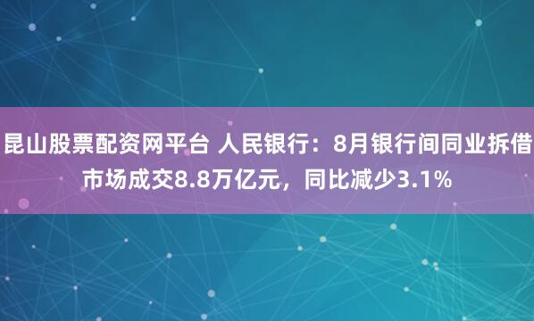 昆山股票配资网平台 人民银行：8月银行间同业拆借市场成交8.8万亿元，同比减少3.1%